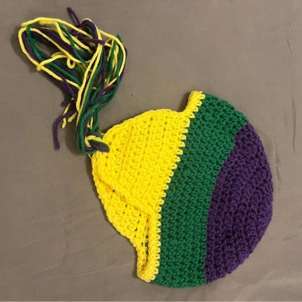 Handmade Crochet Earflap Beanie Purple Green Yellow Striped Tassel Kids Hat